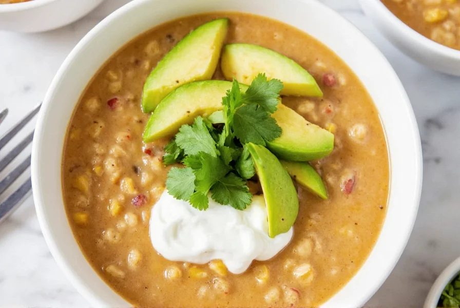 Finished white chicken chili served in a bowl with toppings including avocado, sour cream, and cilantro