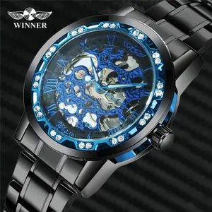 Winner 454 Official Luxury Mechanical Watches Mens Blue Dial Iced Out Skeleton Watch Stainless Steel Strap watch 2