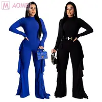 

S2149 lowest price solid ruffle edge wide leg Long Sleeve Rib Women Trendy Casual jumpsuit