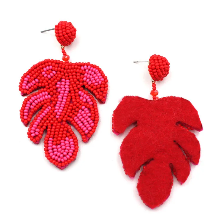 

Latest Design Leaf Earrings Hand-woven Earrings Non-woven Fabric Winding Rice Bead Alloy Earrings, Red