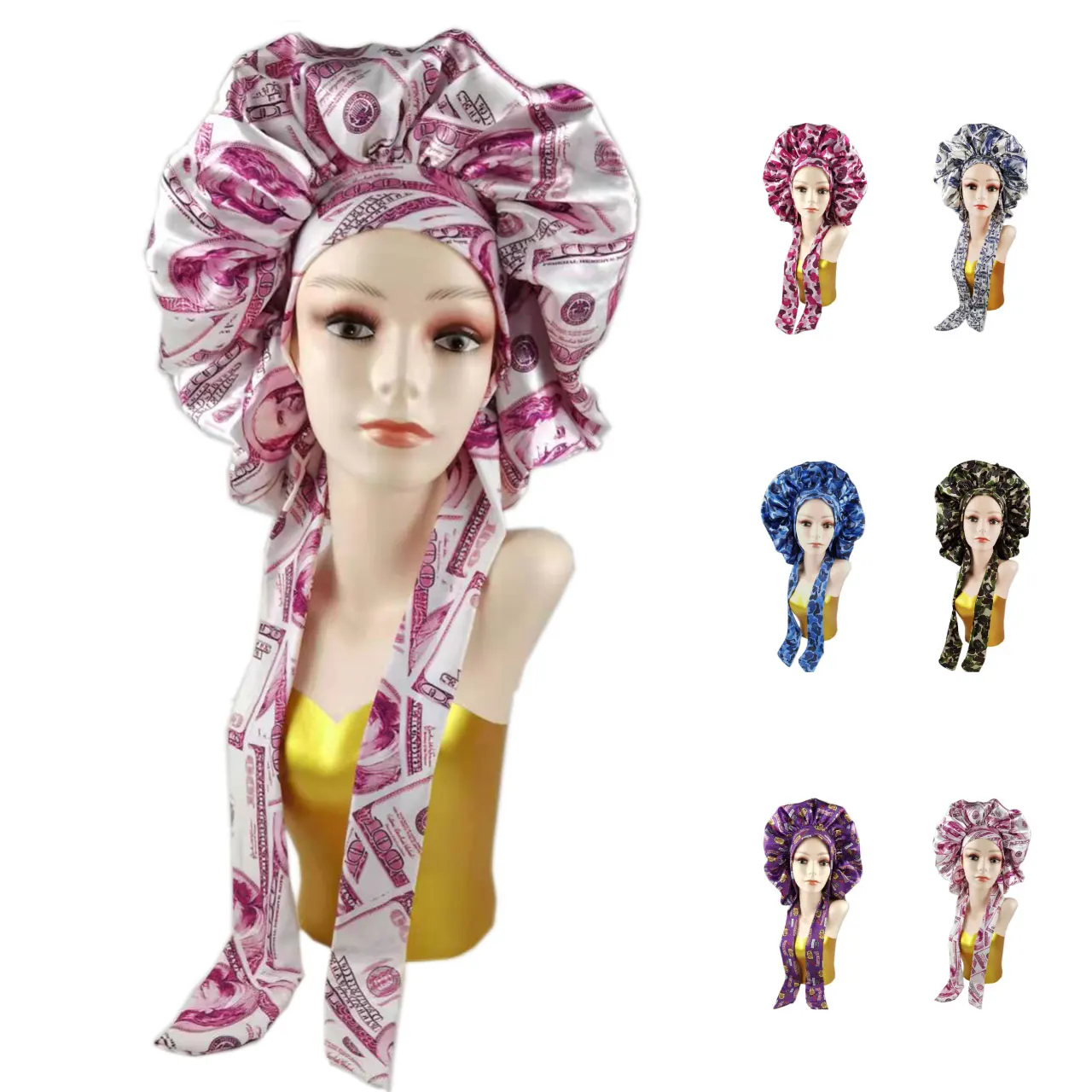 

custom Designer Long Bonnet silky Durags Satin Hair Braid Bonnets Women hair bonnet With Tie Band