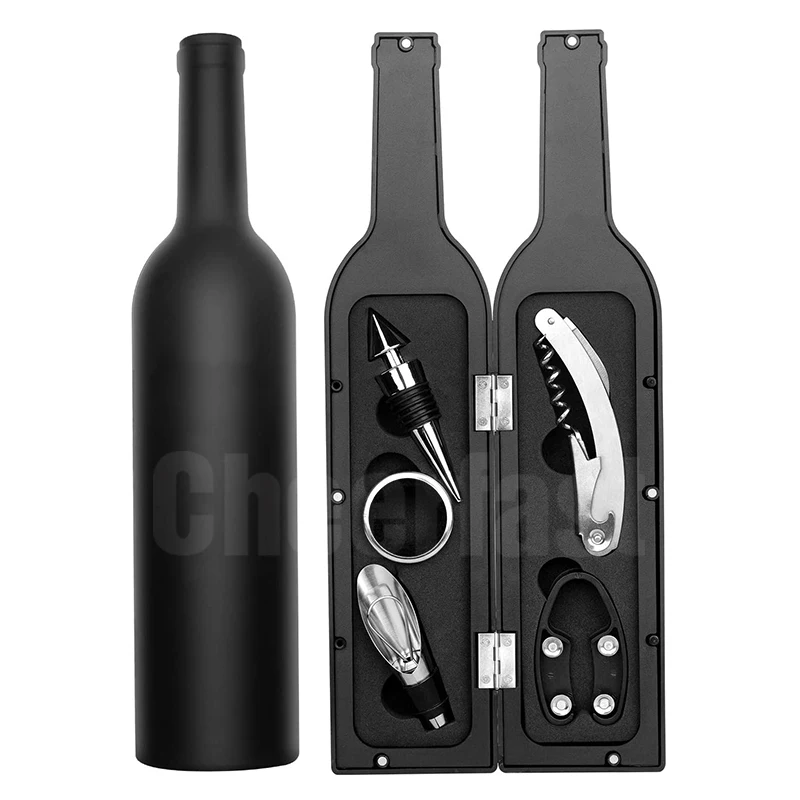 

Wholesale Bar Accessories Stainless Steel 5 Piece Red Wine Opener Tools Kit Wine Bottle Shaped Accessory Gift Box Set, Different colors