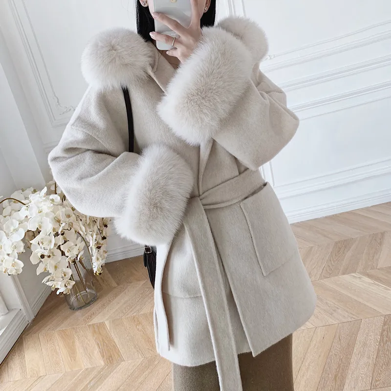 

LI41 Autumn and winter women wool coat ladies hooded wool coat with real fox fur collar 2020 luxury wool cashmere blend coat
