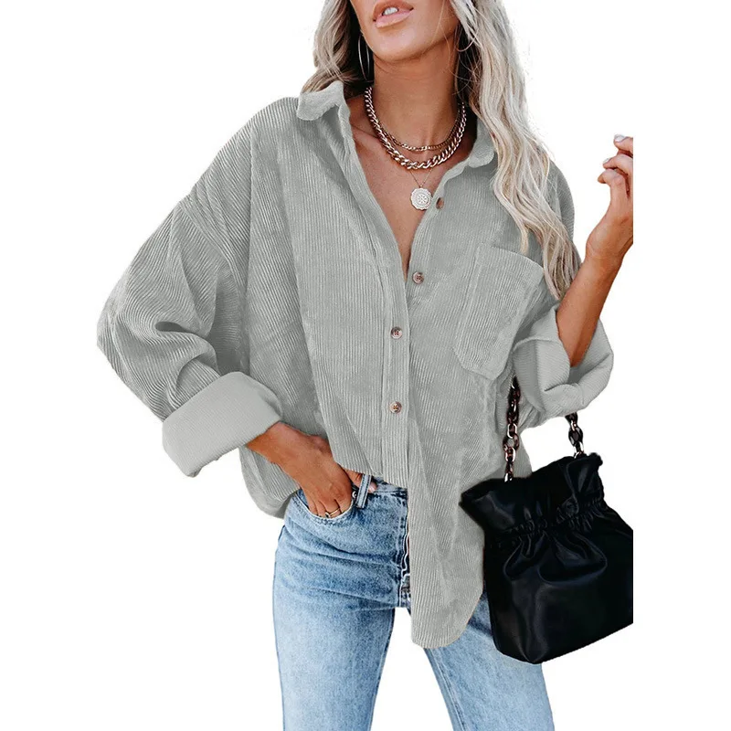 

High Quality Corduroy Casual Loose Long-Sleeve Shirt Women'S Solid Color Single-Breasted plus size Shirt