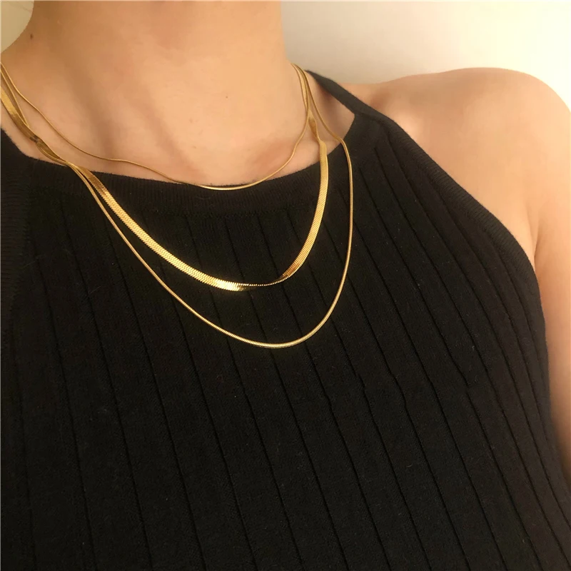 

N0339 18K Gold Plated 3 Pcs Flat Snakebone Layered Necklace Wide Herringbone Necklace Women Vintage Stainless Steel Jewelry 2021