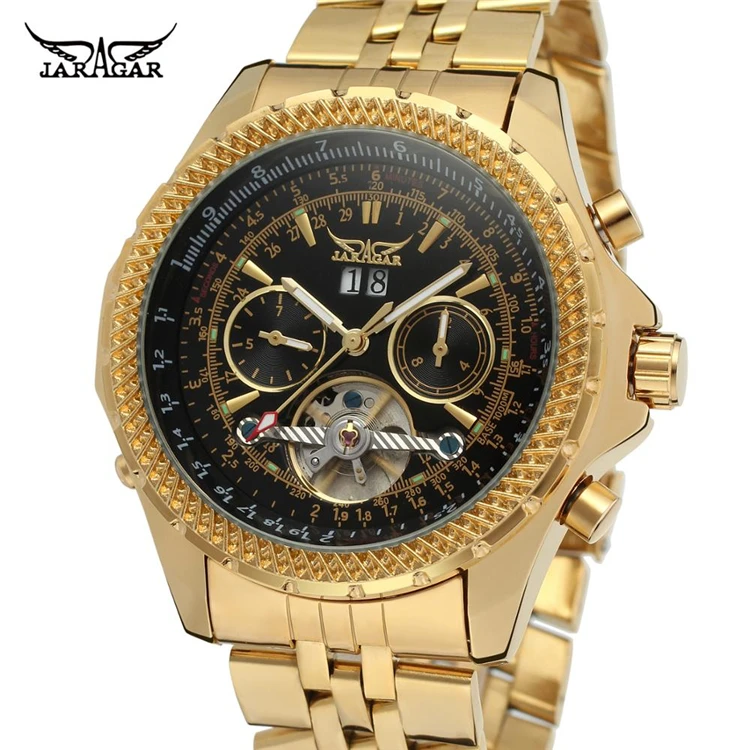 

JARAGAR 010 HIP HOP Watch Men Automatic Mechanical Calendar Mens Watches Luxury Tourbillon Golden Punk Steel Wristwatches