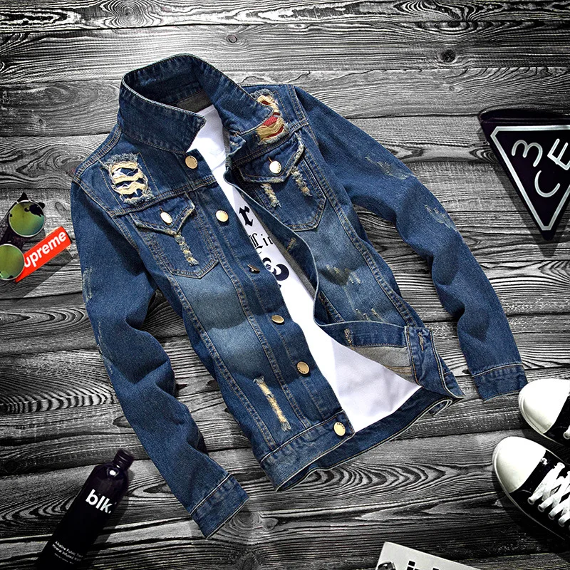 

Spring and Autumn Gents Chaquetas Mezclilla Blue Slim-fit Thin Stand-up Collar Teen Denim Ripped Hole Jacket