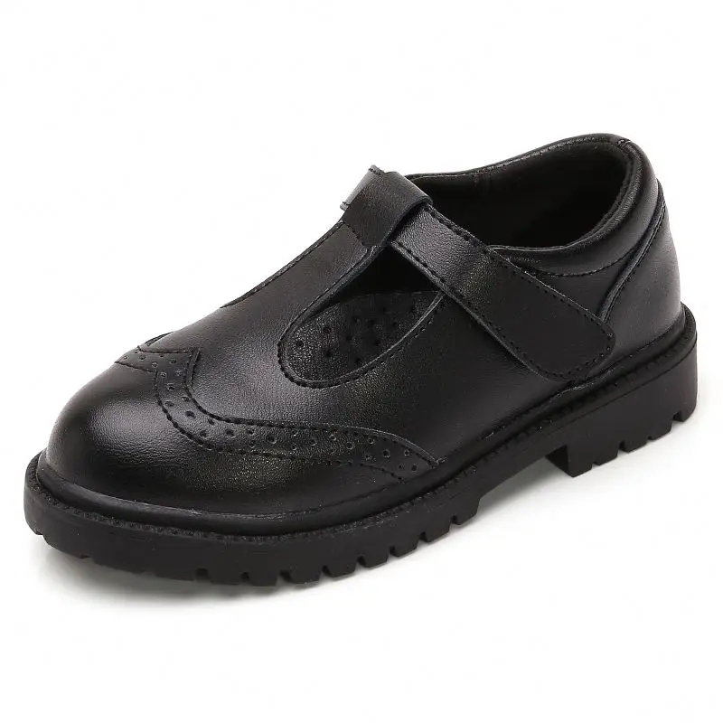 

Factory Wholesale Durable T-Bar Design Kids Black Leather School Shoes For Children