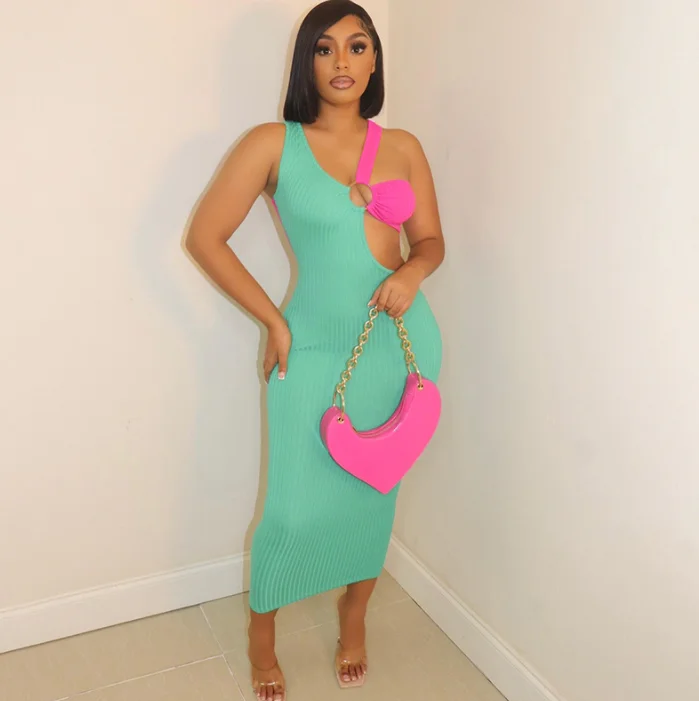 

2022 new summer casual maxi dress fashion sexy sleeveless cut out patchwork knitted ribbed bodycon long dress women