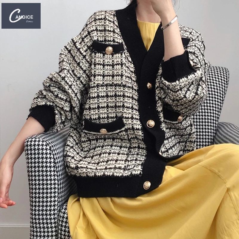 

Candice Korean style winter thick elegant loose oversized tweed knit lantern sleeve casaco cardigan sweater mantel women