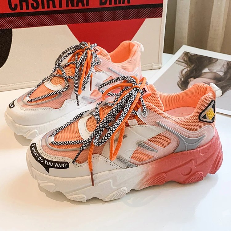 

2021 Spring Summer New Arrivals Breathable Mesh Platform Casual Shoes Women's Fashion Sneakers, Pink orange green