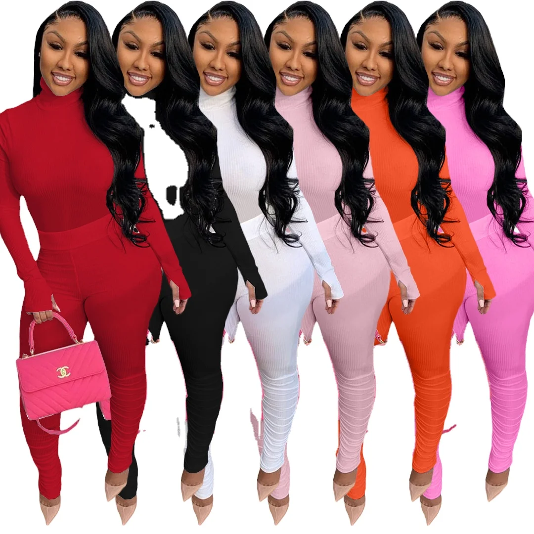

2021 Turtleneck ribbed knitted women suits two pieces winter outfits stacked pants legging sets fall, Picture shows