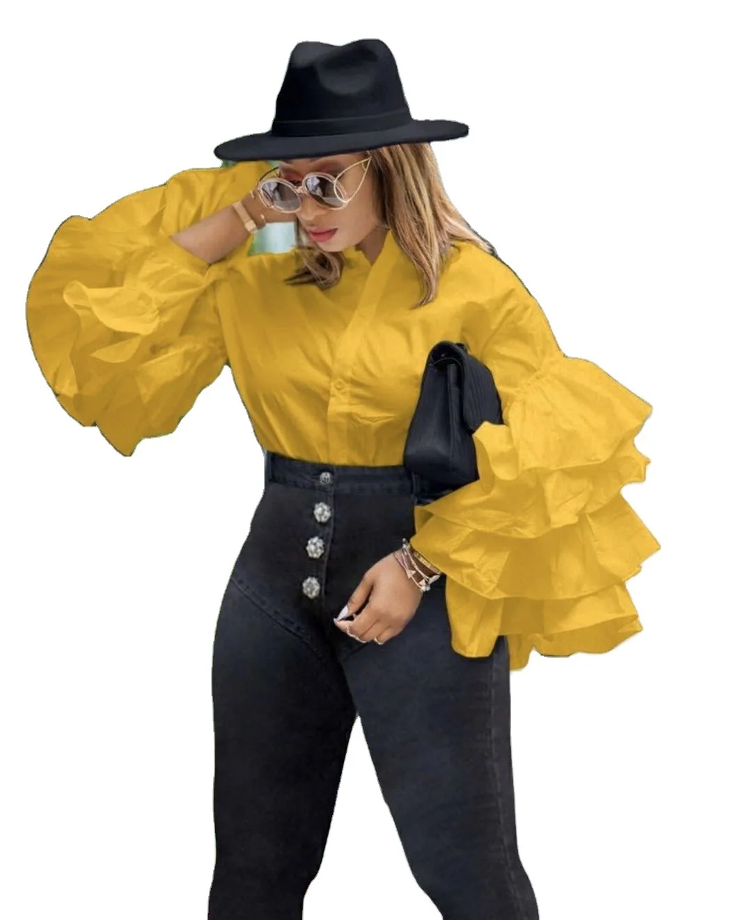 

2021 Hot Sale Fashion Shirt Cake Sleeve Oversized African Women Blouse, Yellow white black green pink