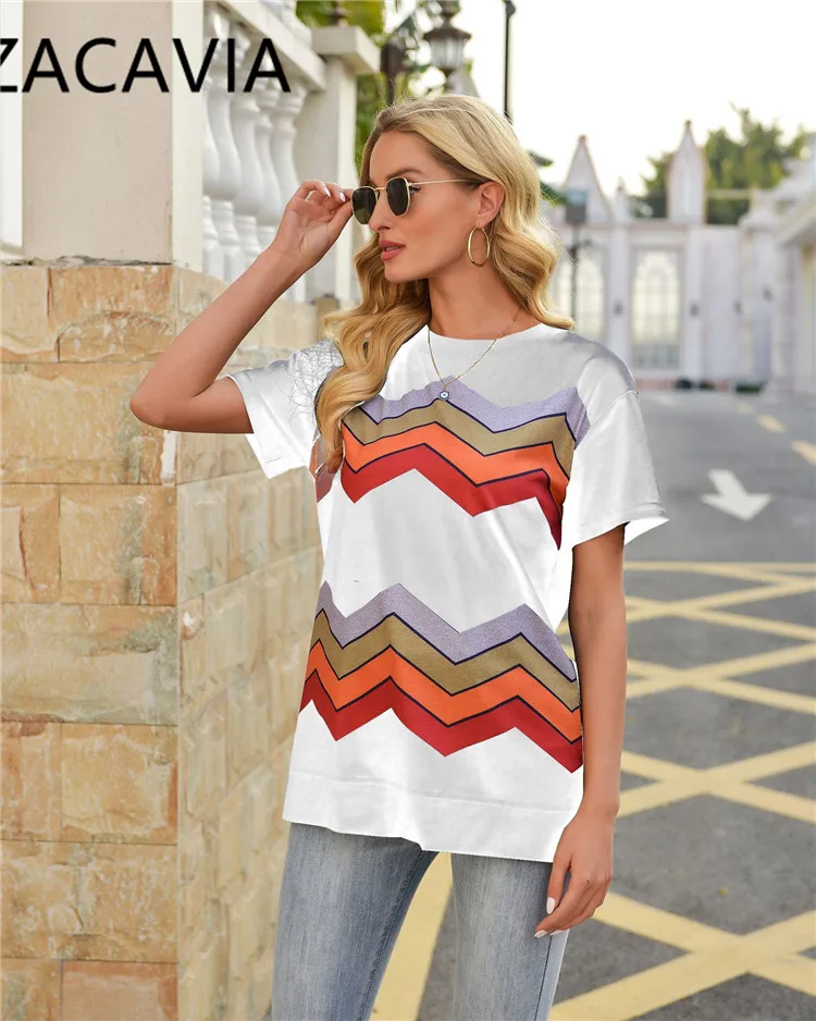 

ZACAVIA 2021 New Women's Striped Print Round Neck and Short Sleeves t-shirts, Picture color