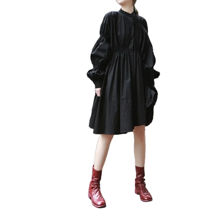 

2021 fashion trendy dress irregular dress pleated lantern sleeve big swing shirt dress Hot 1031