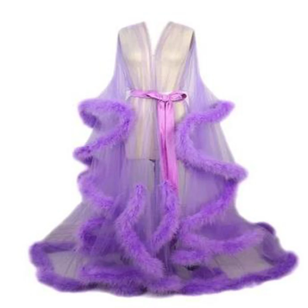 

High Quality Sexy Night Wear Transparent Rabbit Fur Mesh Robe With Feather Women Sleepwear Dress, 7colors