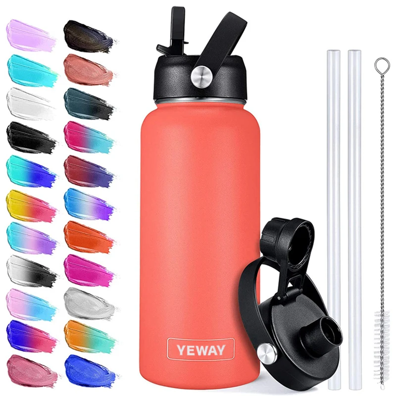 

Yeway Standard Mouth 21oz 32oz Vacuum Insulated Stainless Steel Sports Drink Thermos Water Bottle With Straw, Rose red,yellow , orange, light green