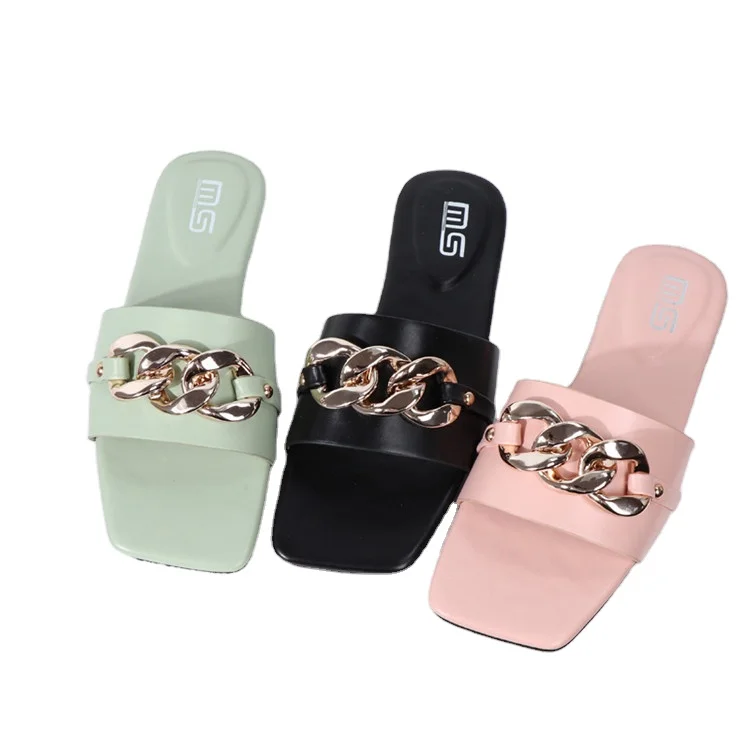 

New arrival female ladies women's casual pu leather one strap chain slippers and sandals flat shoes comfort for women summer