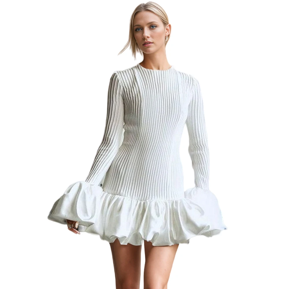 TWOTWINSTYLE Daily Midi Knitted Dress Round Neck Patchwork Ruffle Edge with Lace Button Decoration Flared Sleeve Hot Selling