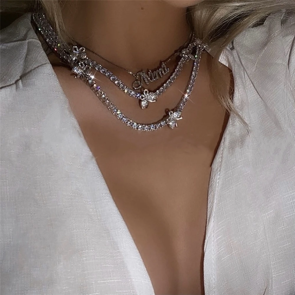 

Retro fashion color micro Inlay with diamond Mini Butterfly Cuba Necklace, Gold / white / color diamond