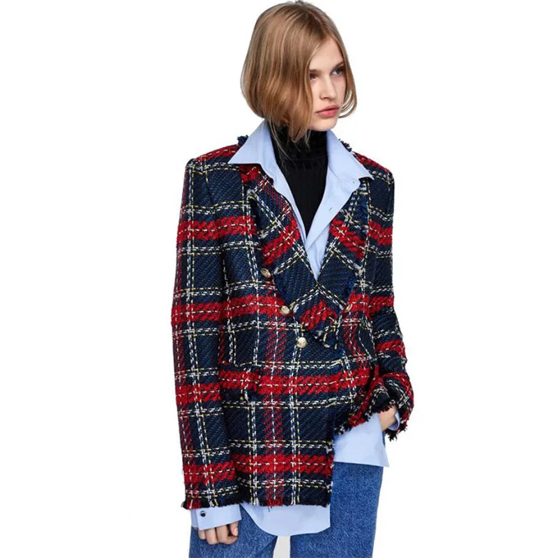 

High Quality Autumn Suit Fashion Woman Lady Blazer De Mujer Chaqueta Worsted Suits Red Slim Fit Plaid Double Breasted Blazers, As picture