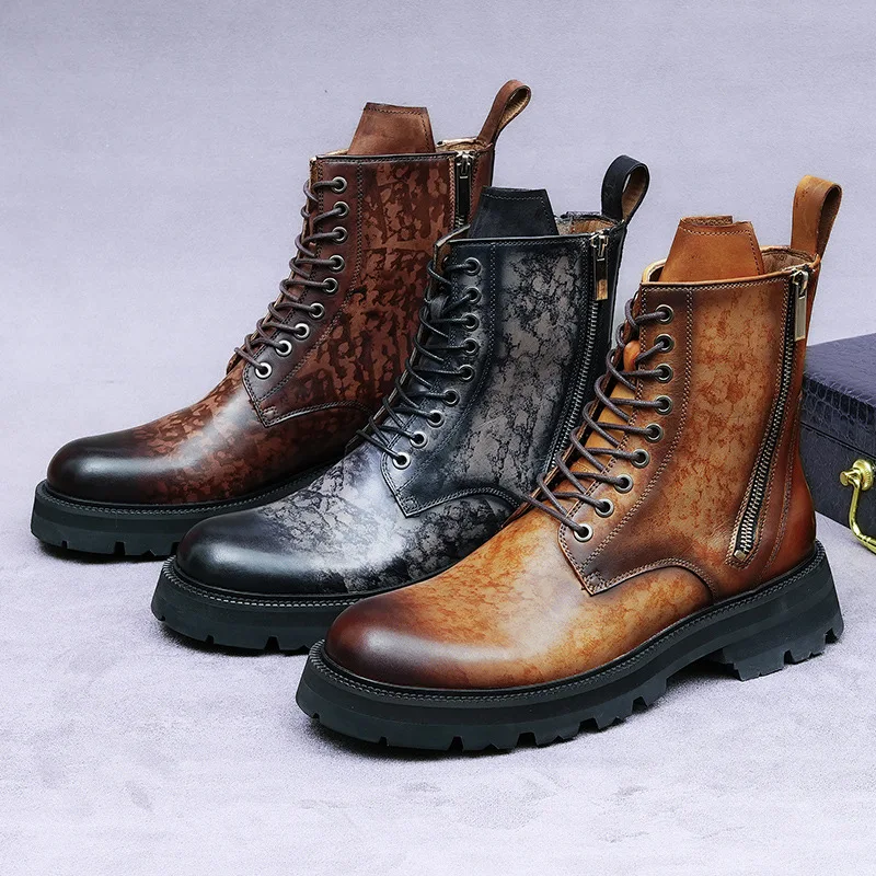 

custom new style high quality height increasing cow genuine leather high top work motorcycle martin boots shoes men