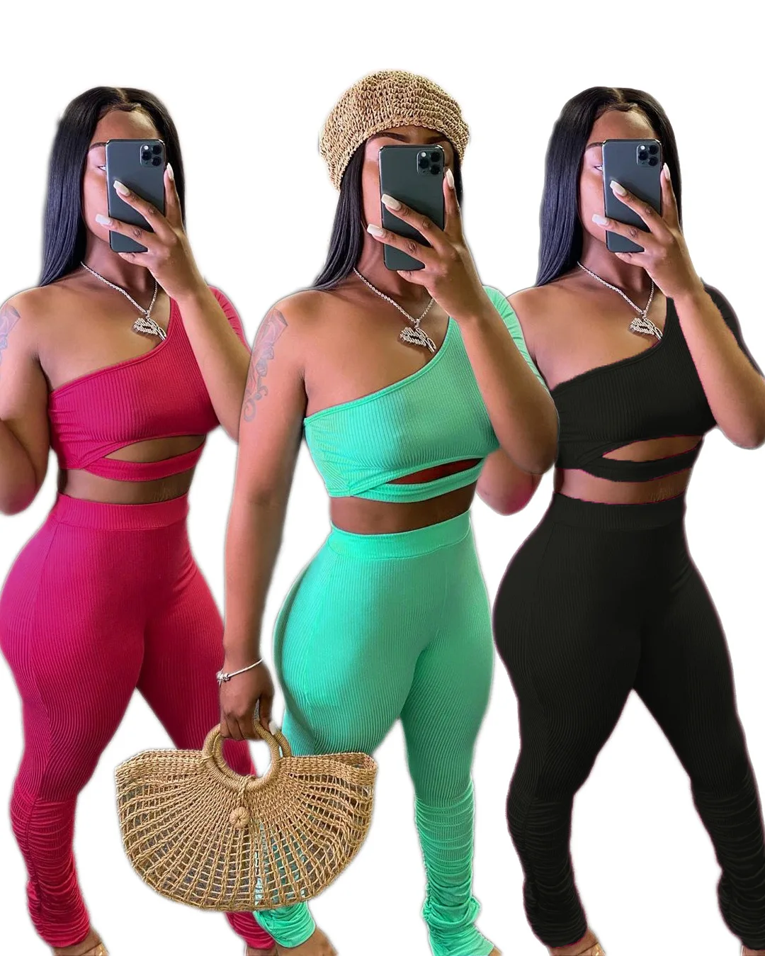

New arrival casual One shoulder sexy stacked pants womens 2 piece outfit