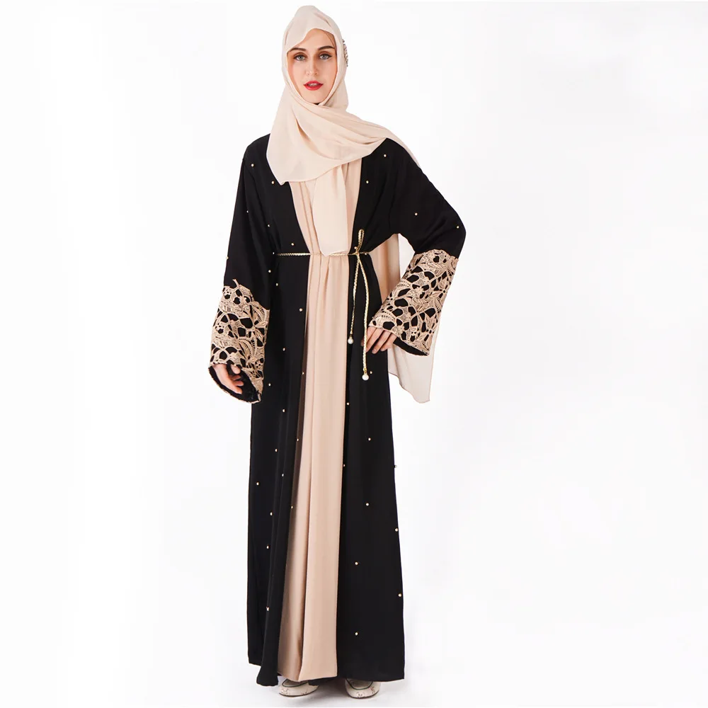 wholesale dubai kaftan women new designs long black chiffon pearl lace burqa kimono open abaya islamic clothing muslim dresses