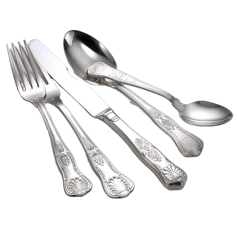 

Wholesale vintage hot selling 5pcs royal antique hotel stainless steel tableware dining set silverware cutlery flatware sets, Gold, rose gold, black, silver, blue, purple