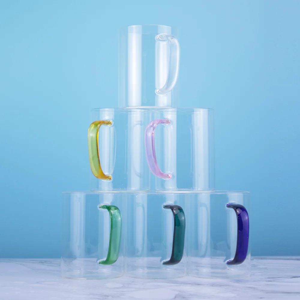 

Light Weight 15oz Clear Glass Colorful Handle Mug for Sublimation Blank Frost Surface Cup, Customized color