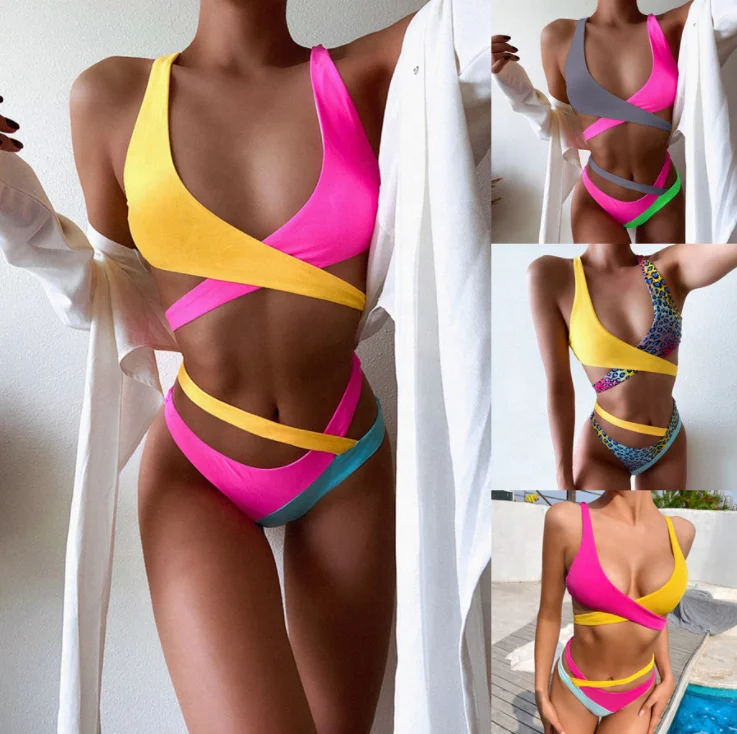 

Hot Selling Patchwork Cross Strap High Waist Two Piece Swimsuit Sexy Bikini Set 2021, As pitures/customized colors