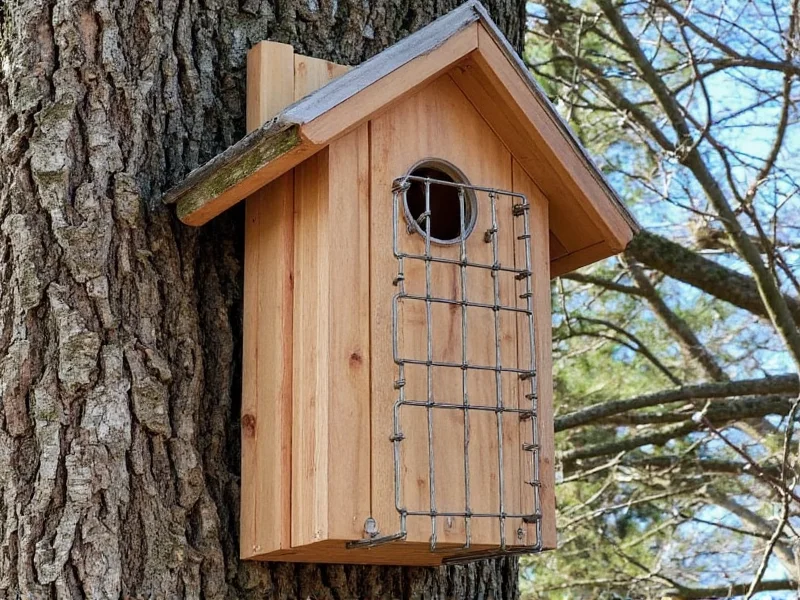 Completed bird house mounted on tree with predator guard