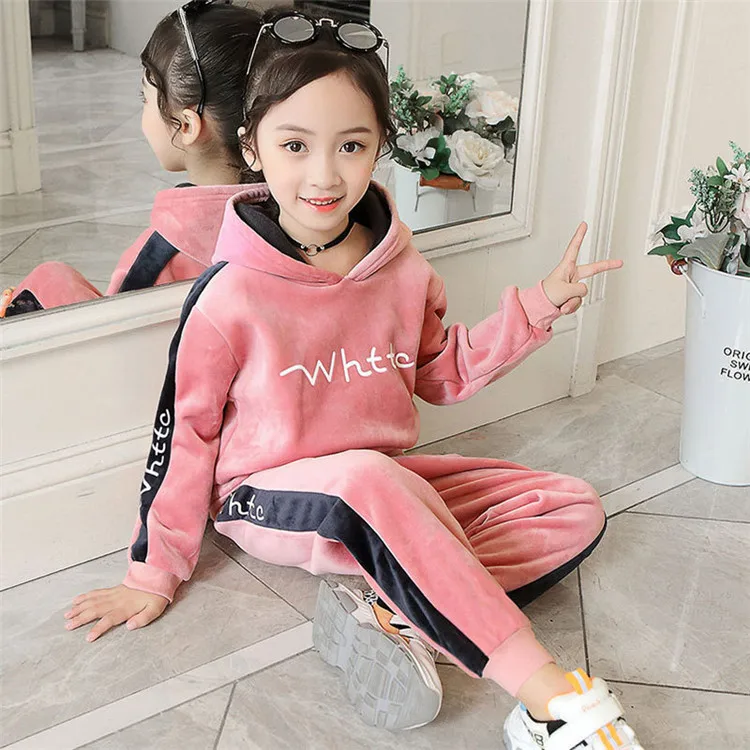 

2 Pieces Casual Sets Girls' Clothing Set Velvet Hooded+Pants Spring Velvet Tracksuit Baby Girl Pants Sets Kids Clothing Outfit, Pink/purple/black