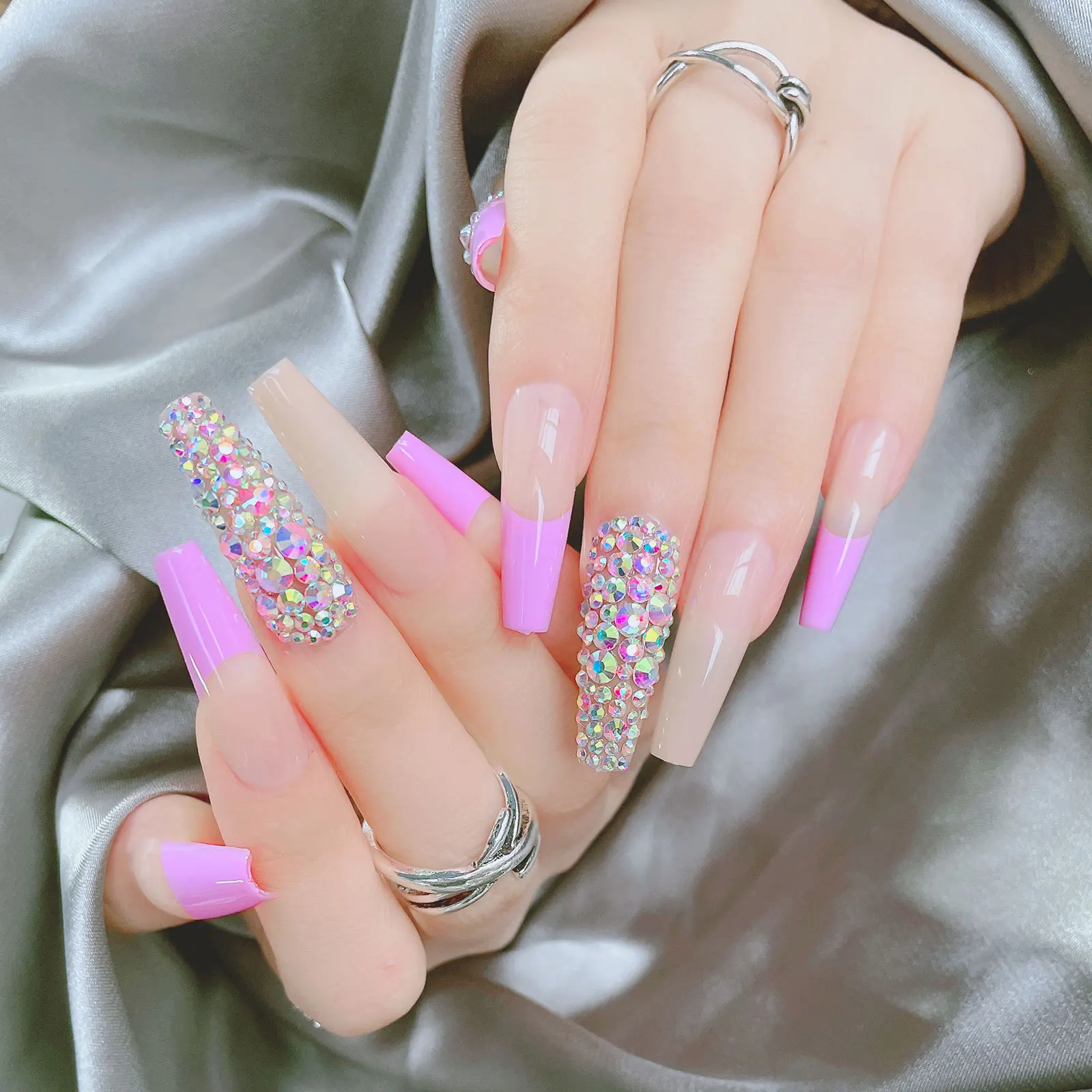 

24pcs press on nail pink false nail rhinestone decoration long ballet nail detachable artificial fingernail
