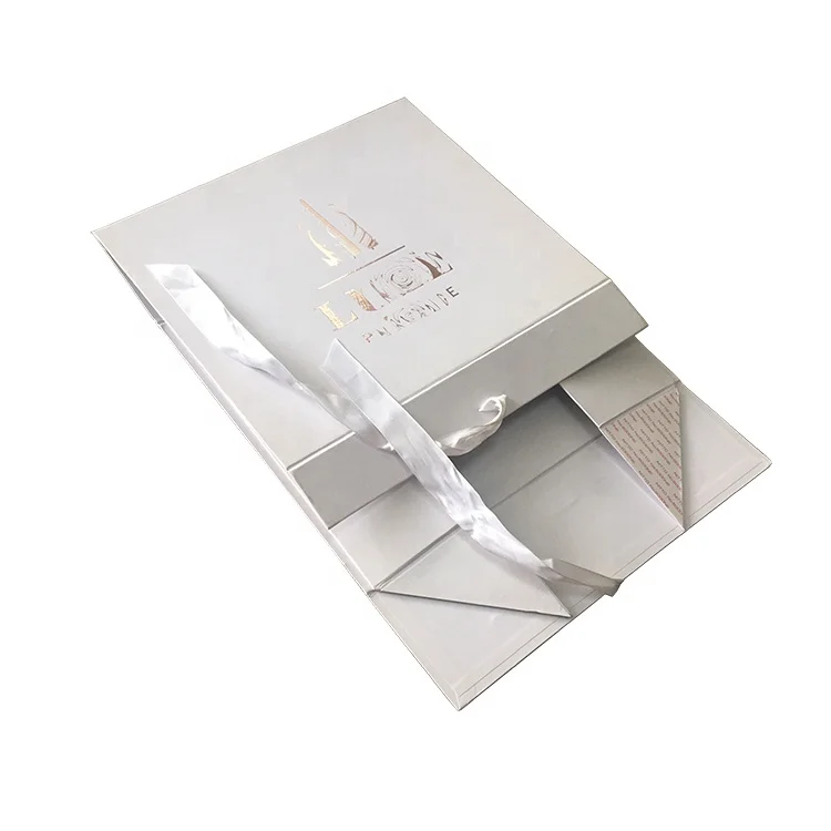 Rigid White color matt smooth rose golden hot foil logo ribbon collapsible design box