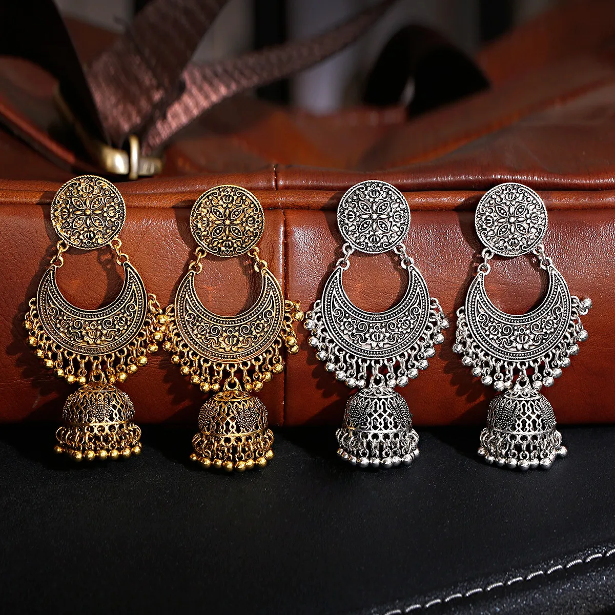 

Bollywood Oxidized Women Jhumka Indian Earrings Ethnic Gold Silver Color Half Month Carved Big Bell Long Tassel Earrings