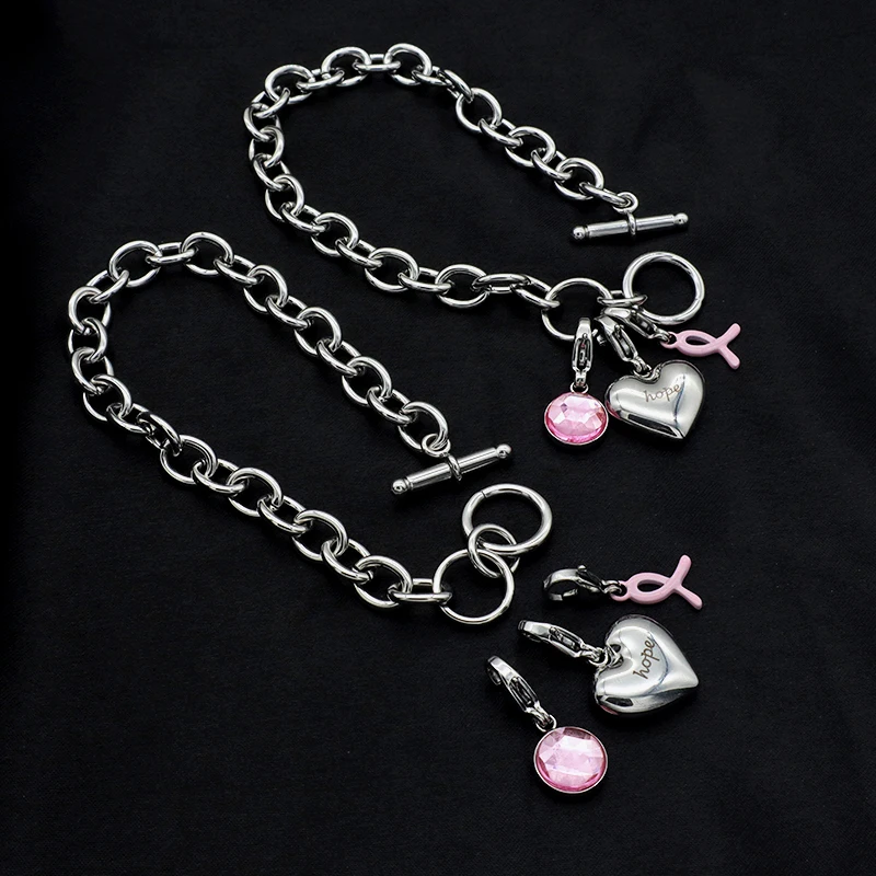 

AIDS Patient bracelet High quality women jewelry stainless steel heart pink charms AIDS Patient bracelet bangle, Silver