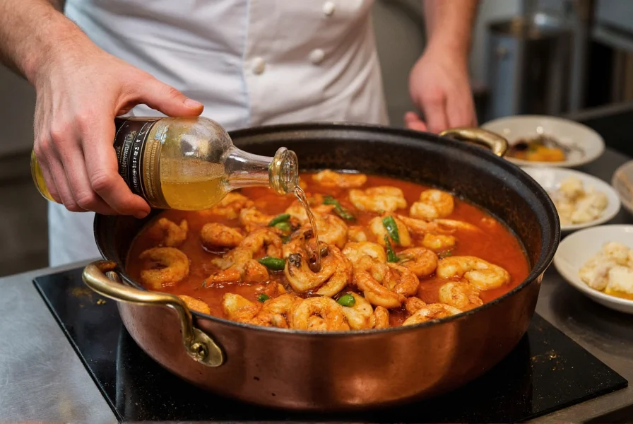 Chef adding anise alcohol to Mediterranean seafood stew in copper pot