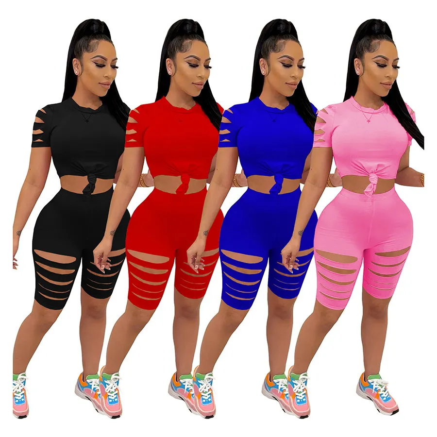 

Foma Clothing FM-4282 women solid color cut out casual tops and shorts nightclub pants sexy two piece set, 4 colors