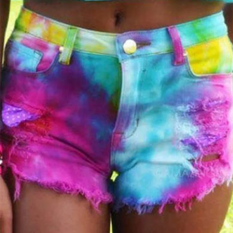 

Rainbow color bright color colorful tie-dye ripped sexy denim hot pants female shorts, Shown