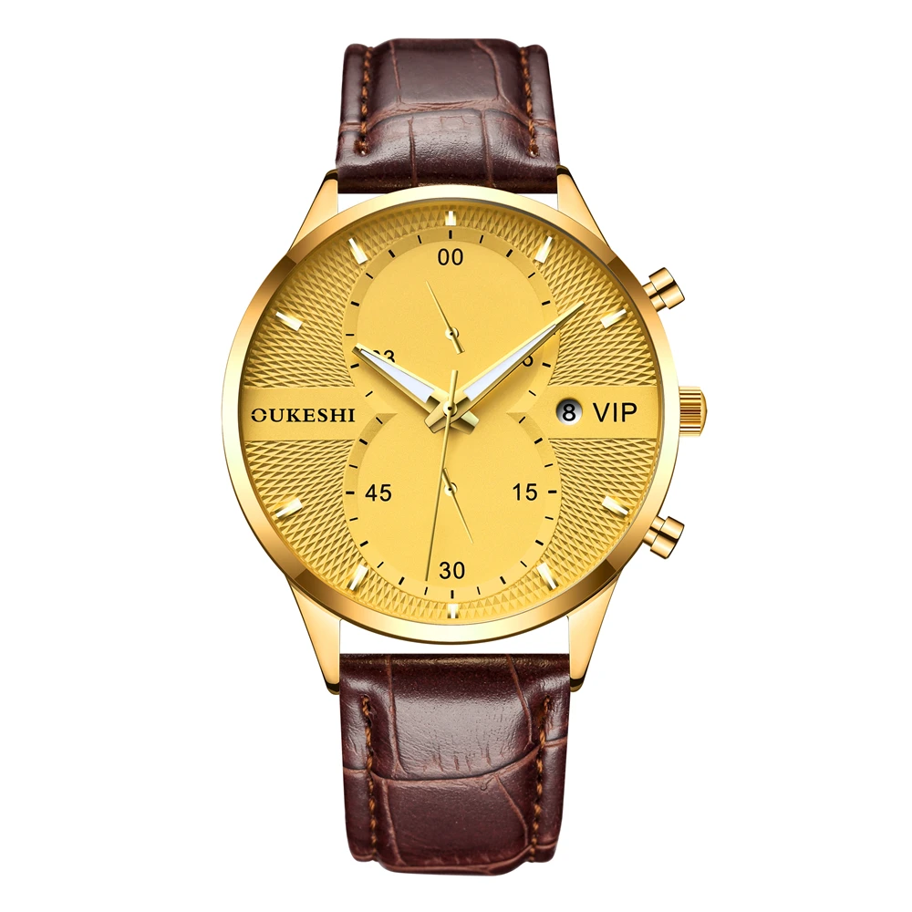 

OUKESHI brand metal texture texture dial premium leather strap men's quartz watch, As picture