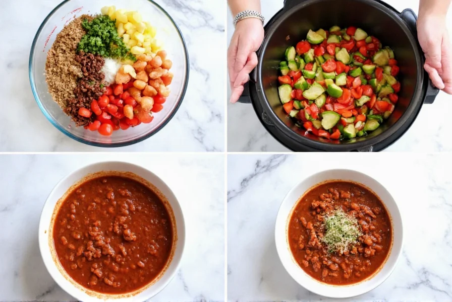 Step-by-step preparation of instant pot turkey chili showing ingredients in bowl, sautéing vegetables, and finished chili in white bowl with toppings