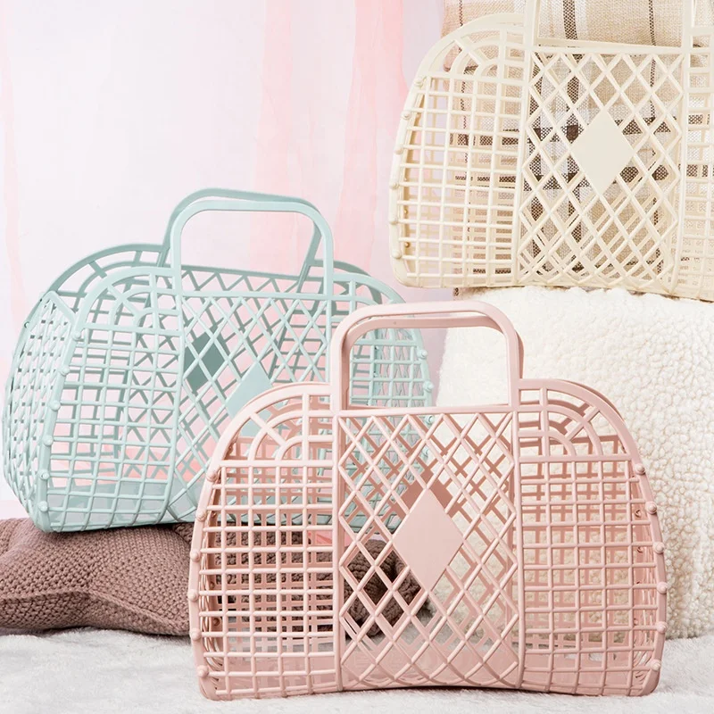 

Personalized foldable Plastic PVC Jelly basket Beach Bag handbag for Girls Women Party Favor Bags, 7 colors as photo