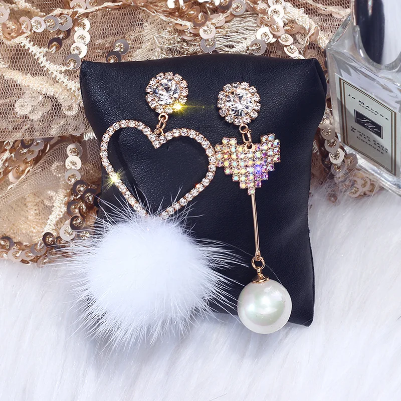 

Baoliang trendy crystal heart asymmetrical fur ball stylish fall earrings 2020