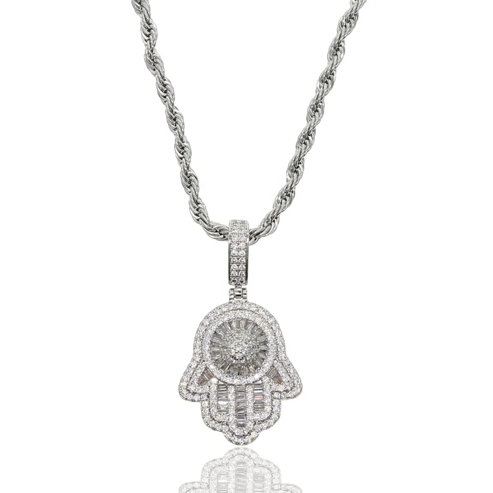 

Women Men hand Charm Crystal Pendant Necklace Hip Hop Jewelry hamsa Necklace cz Chain for WOMEN MEN, Black