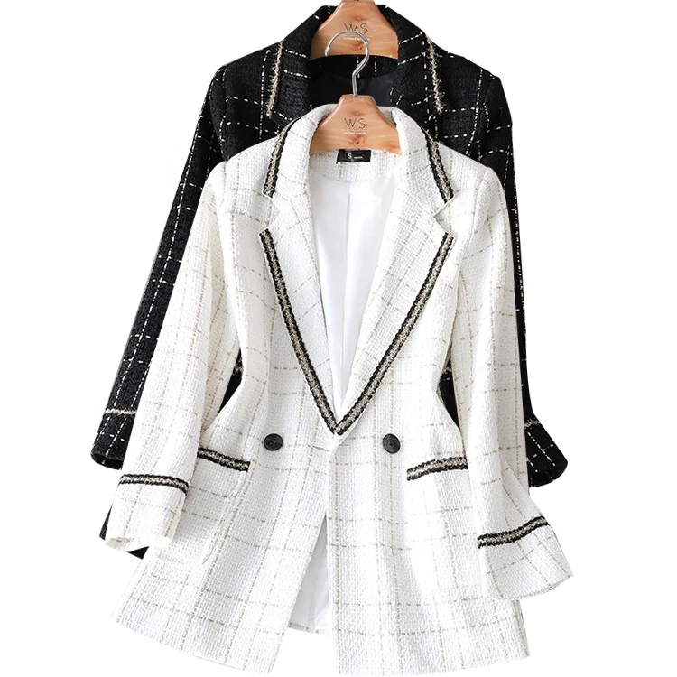 

Wholesale custom made women plaid check tweed Blazer suits jacket mini tweed double breasted blazer tweeds blazer, Black/white