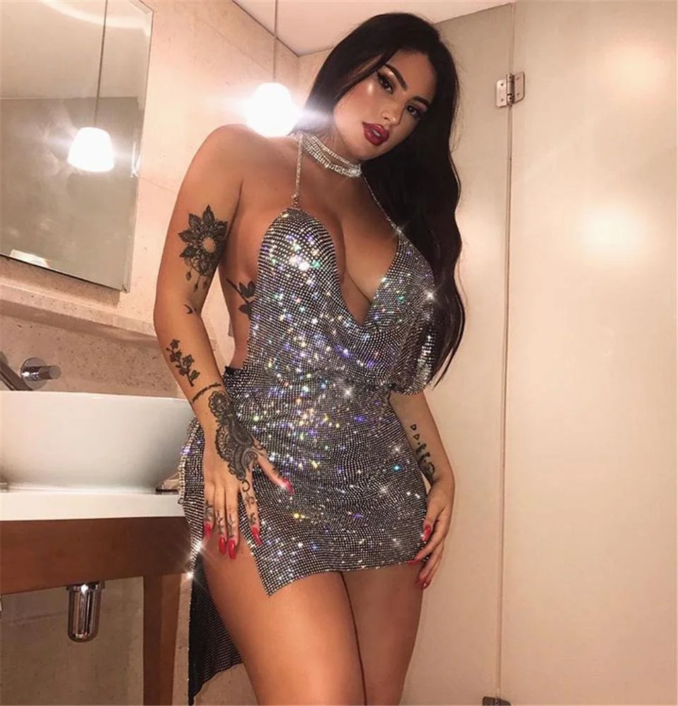 

B14354A Sexy Ladies Club Party Dress Women Metal Diamonds Dress
