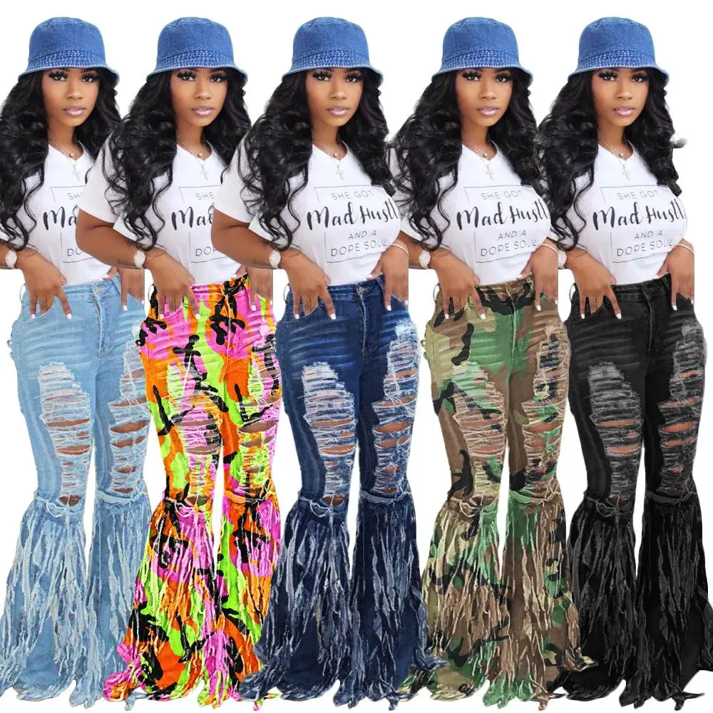 

SN-S3840 New arrival fashion breathable casual brushed women flare pants fringe ladies jeans, As picture or customized make
