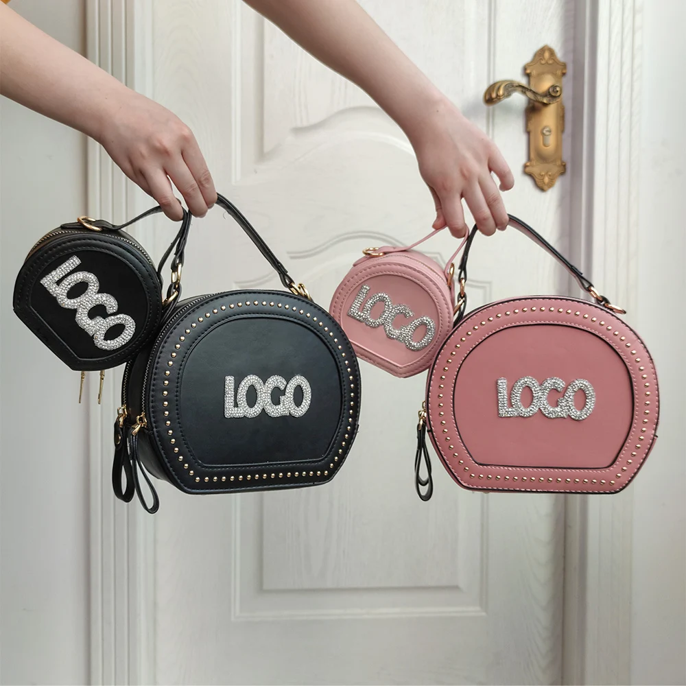 

2021 Custom Logo Bling Mommy and Me Purse Sets Luxury Designer Summer Small Round Hand Bags and Purse with Matching Hat NY, Customizable