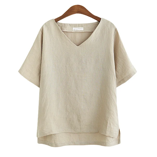 

Summer New V-neck loose and slim large size casual linen blouse with short sleeves t shirt woman